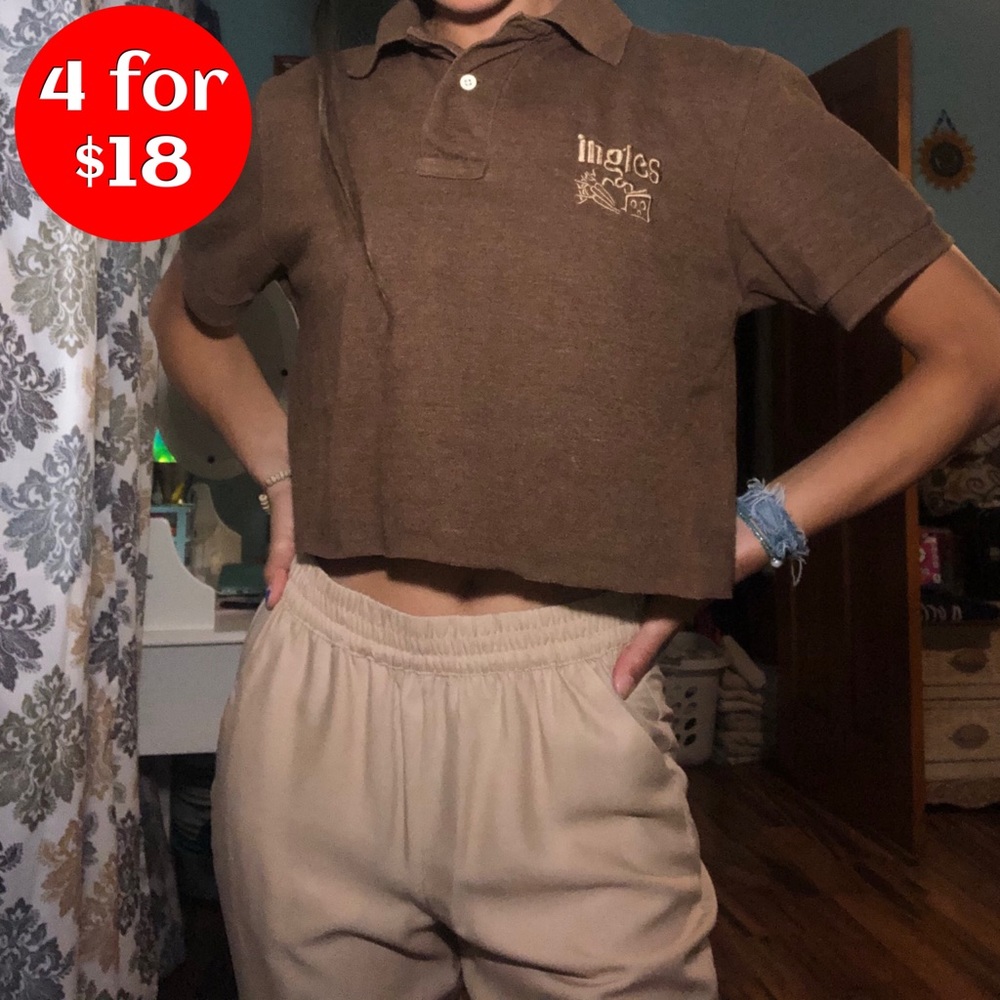 Brown Cropped Collared Raw Hem Top